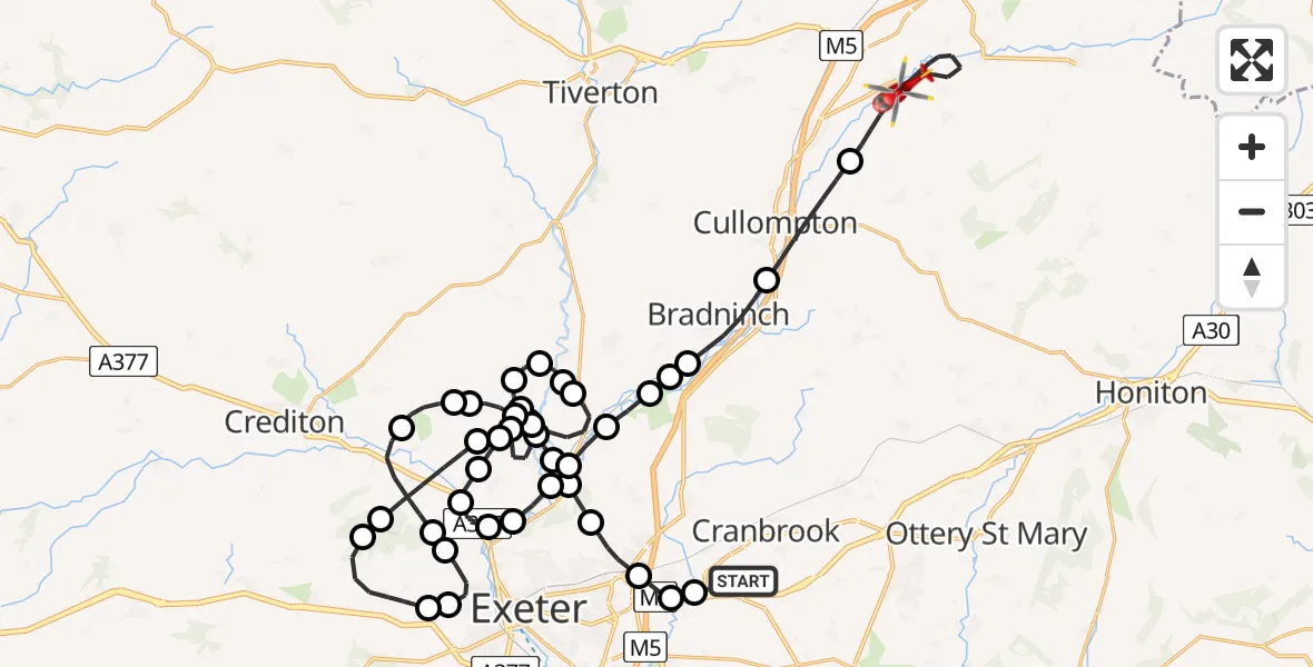 Flight route Air Ambulance Helicopter Exeter International Airport - Uffculme, 17 June 2026, 06:53