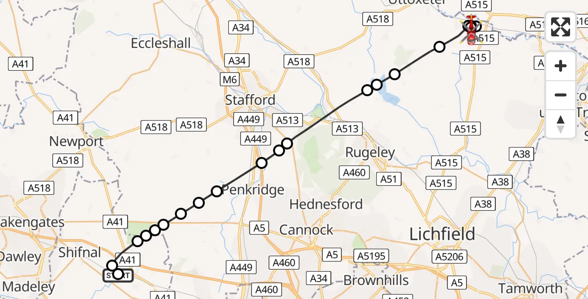 Flight route Air Ambulance Helicopter RAF Cosford - East Staffordshire, 17 June 2026, 06:59
