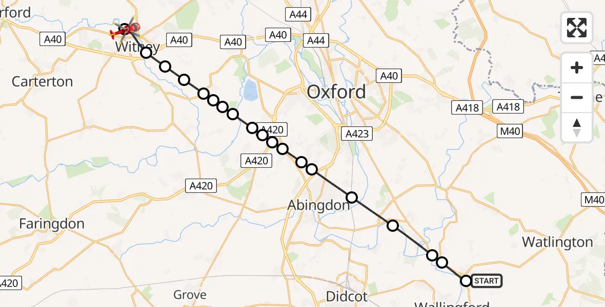 Flight route Air Ambulance Helicopter RAF Benson - Crawley, 17 June 2026, 07:22