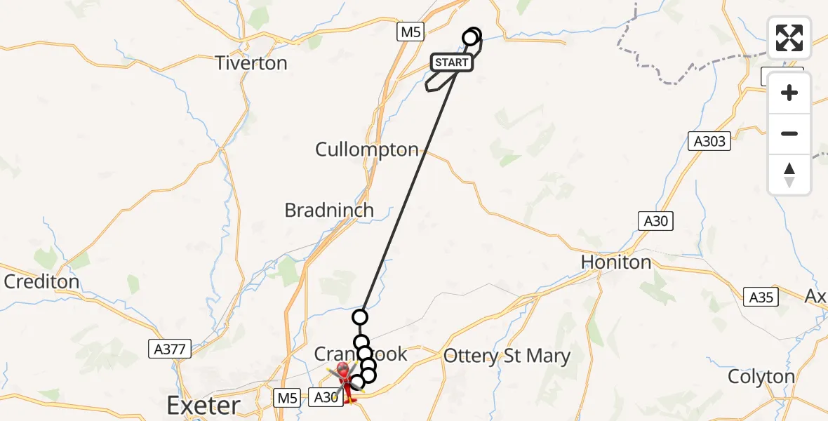 Flight route Air Ambulance Helicopter Uffculme - Exeter International Airport, 17 June 2026, 07:33