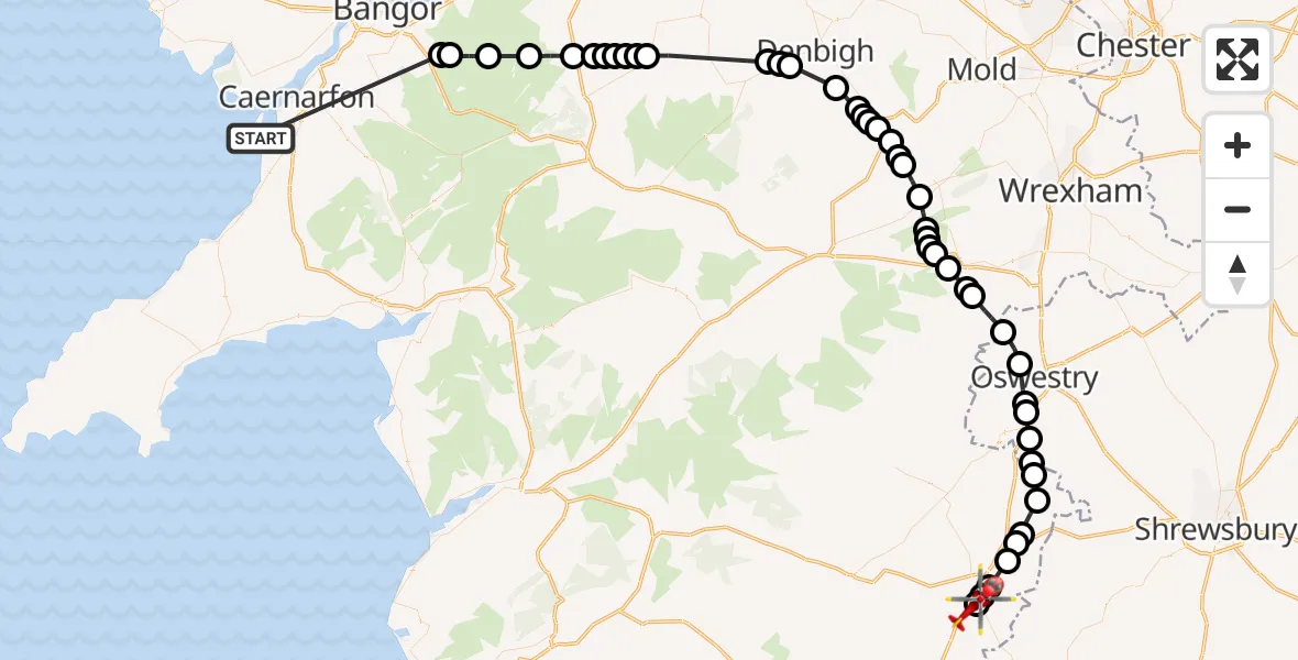 Flight route Air Ambulance Helicopter Caernarfon Airport - Welshpool Airport, 17 June 2026, 07:35