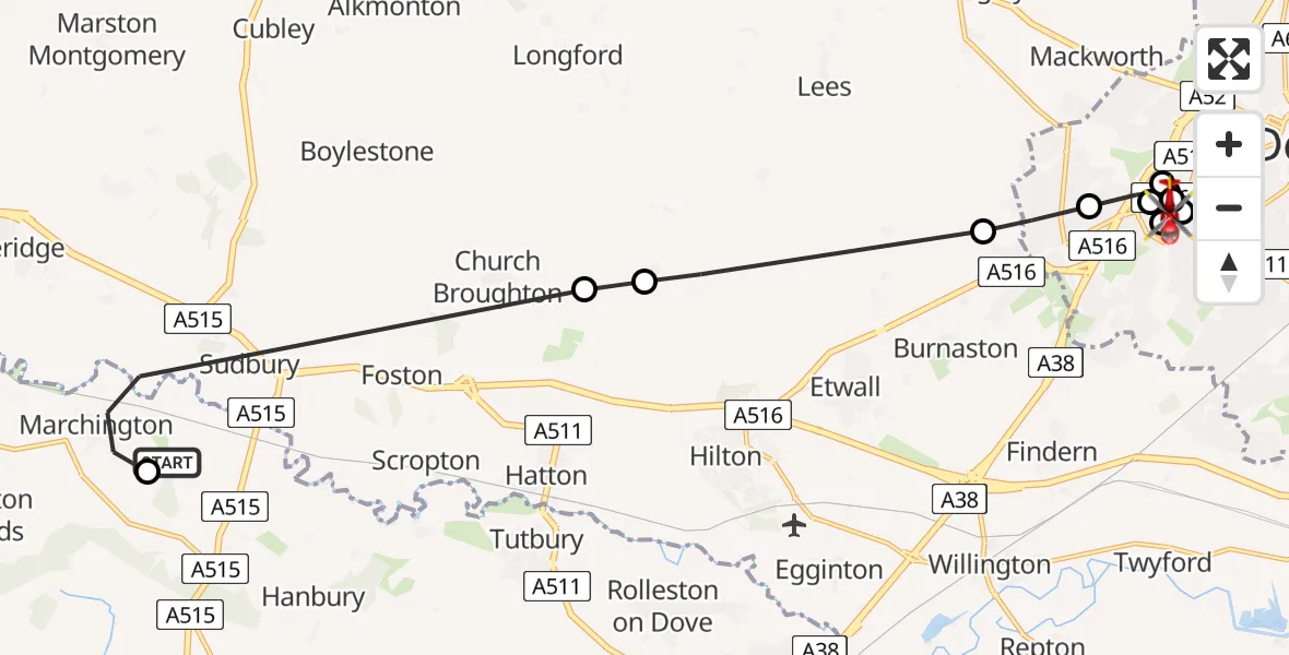 Flight route Air Ambulance Helicopter Marchington - Royal Derby Trauma Unit, 17 June 2026, 07:52