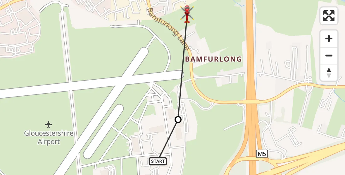 Flight route Air Ambulance Helicopter Gloucestershire Airport - Tewkesbury, 17 June 2026, 07:57