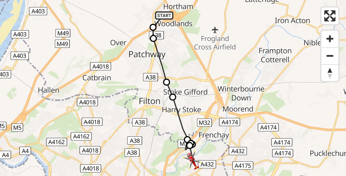 Flight route Air Ambulance Helicopter Almondsbury Helicopter Base - Bristol, 17 June 2026, 08:14