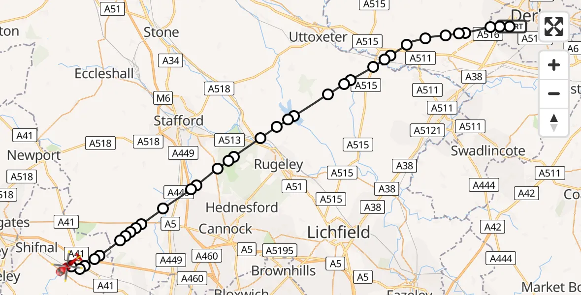 Flight route Air Ambulance Helicopter Royal Derby Trauma Unit - Cosford, 17 June 2026, 08:23