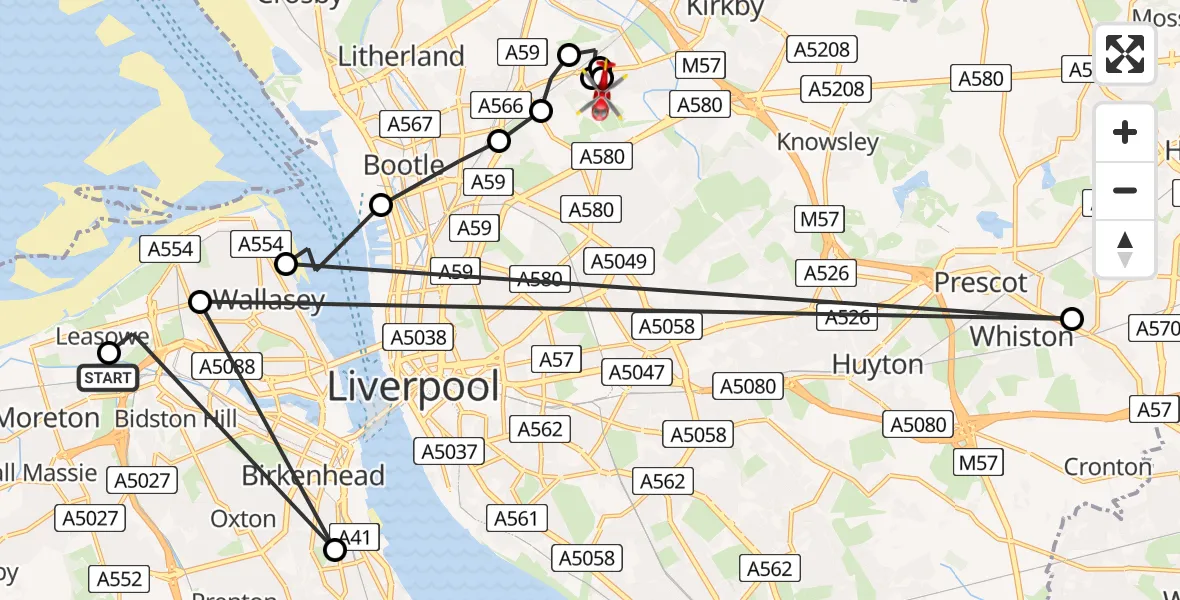 Flight route Air Ambulance Helicopter Moreton - Aintree University Hospital Heliport, 17 June 2026, 08:46