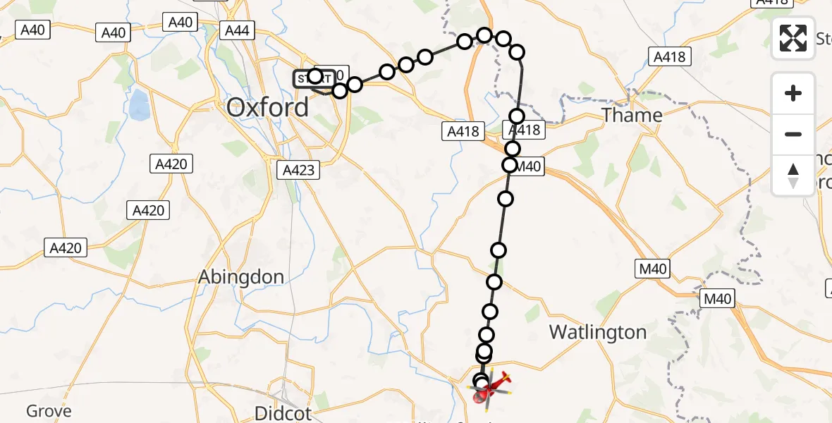 Flight route Air Ambulance Helicopter John Radcliffe Hospital - RAF Benson, 17 June 2026, 08:53