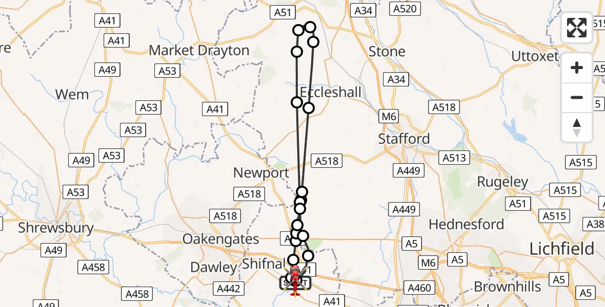 Flight route Air Ambulance Helicopter RAF Cosford - Cosford, 17 June 2026, 09:05