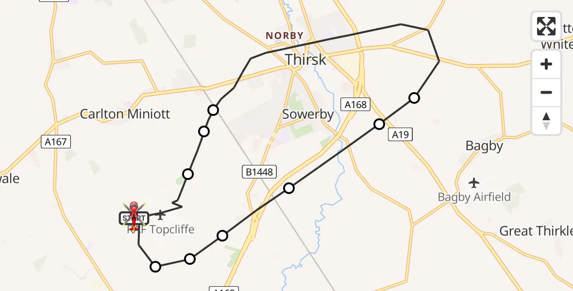 Flight route Air Ambulance Helicopter RAF Topcliffe - RAF Topcliffe, 17 June 2026, 09:12