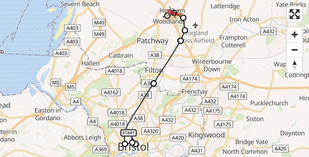 Flight route Air Ambulance Helicopter Bristol - Hortham, 17 June 2026, 09:24