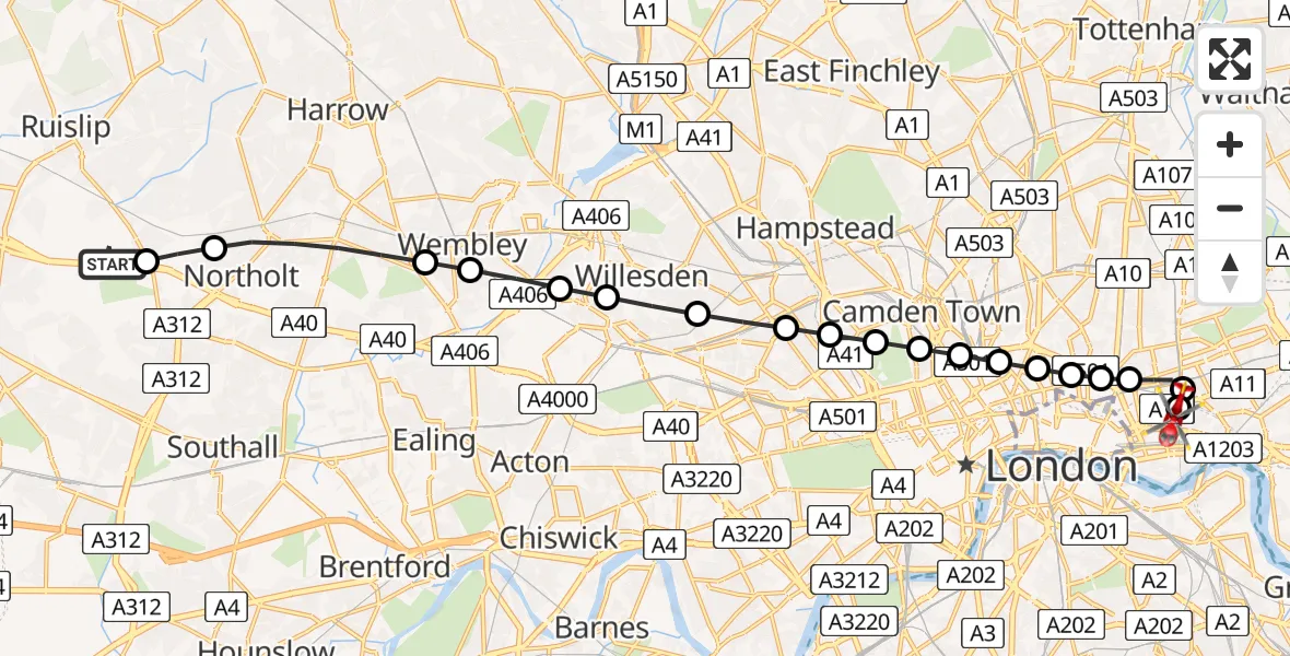 Flight route Air Ambulance Helicopter RAF Northolt - Royal London Hospital, 17 June 2026, 09:29