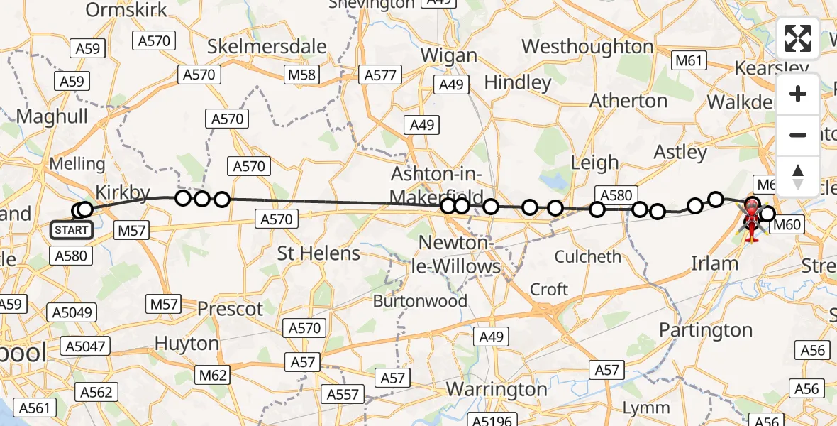 Flight route Air Ambulance Helicopter Aintree University Hospital Heliport - Manchester Barton Aerodrome, 17 June 2026, 09:32