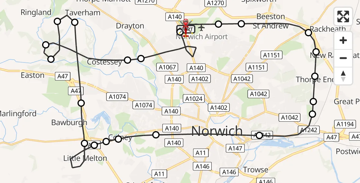 Flight route Air Ambulance Helicopter Norwich Airport - Norwich Airport, 17 June 2026, 09:46