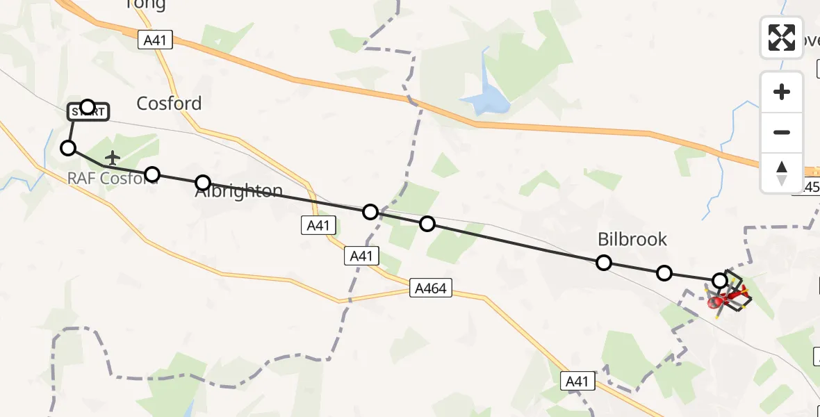 Flight route Air Ambulance Helicopter RAF Cosford - Pendeford, 17 June 2026, 09:58