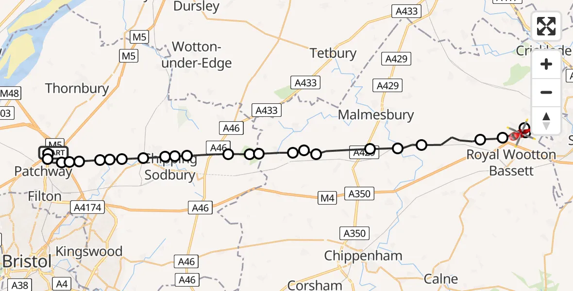 Flight route Air Ambulance Helicopter Almondsbury Helicopter Base - Swindon, 17 June 2026, 10:12