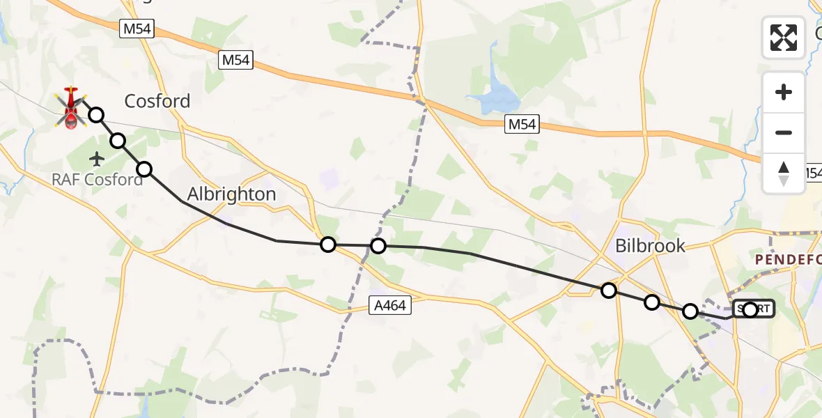 Flight route Air Ambulance Helicopter Pendeford - Cosford, 17 June 2026, 10:50