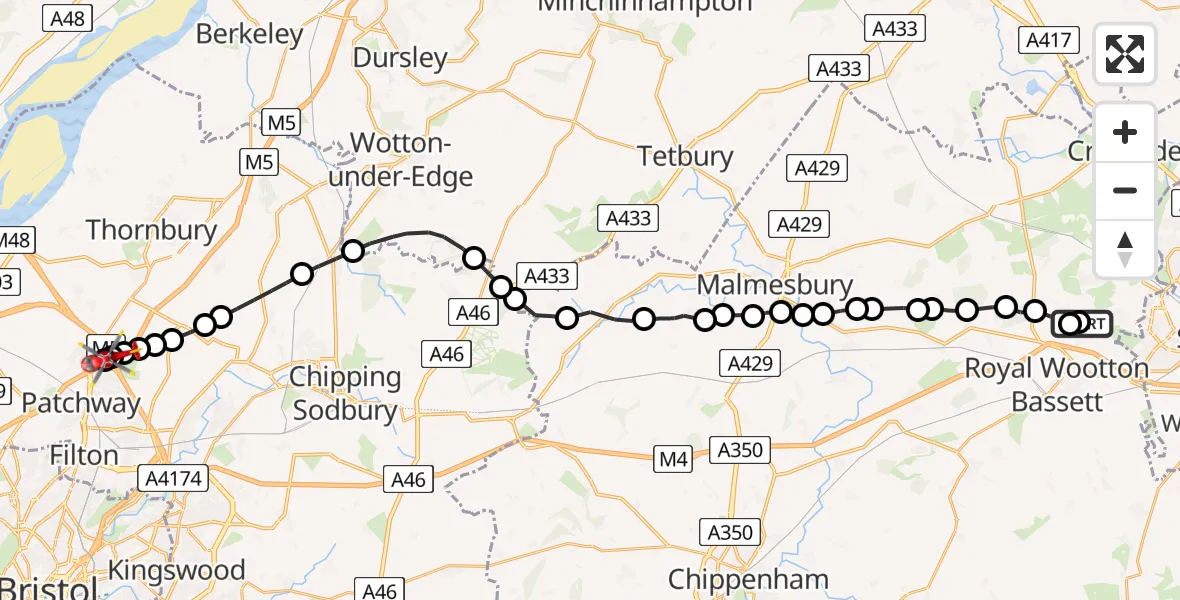 Flight route Air Ambulance Helicopter Royal Wootton Bassett - Woodlands, 17 June 2026, 10:56