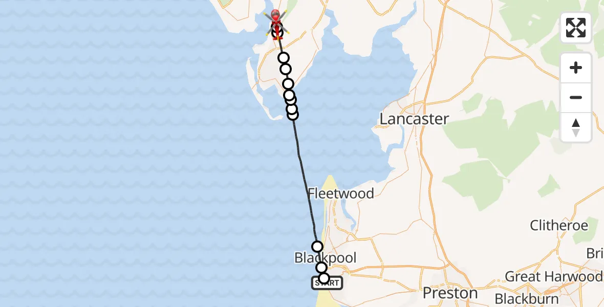 Flight route Air Ambulance Helicopter Blackpool Airport - Askam-in-Furness, 17 June 2026, 11:12