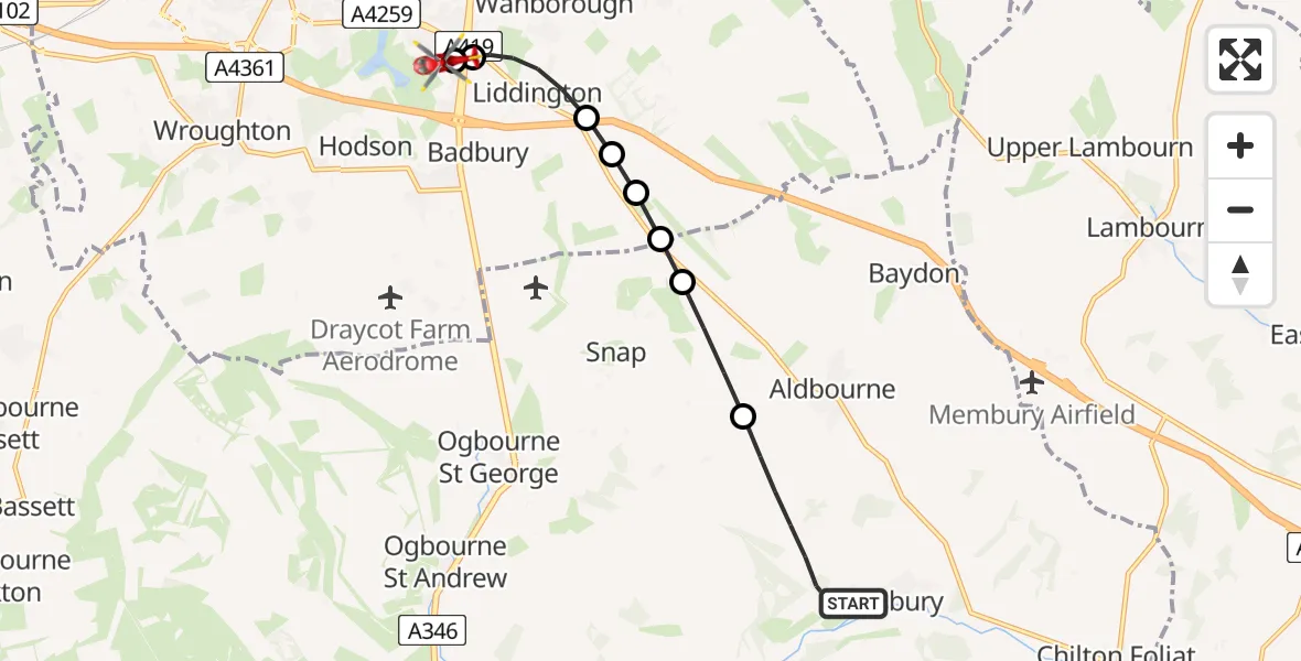 Flight route Air Ambulance Helicopter Ramsbury - Great Western Hospital, 17 June 2026, 11:27