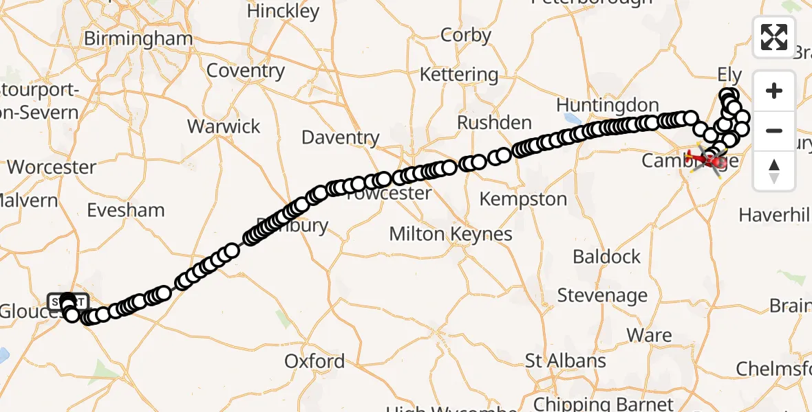 Flight route Air Ambulance Helicopter Gloucestershire Airport - Cambridge City Airport, 17 June 2026, 11:31