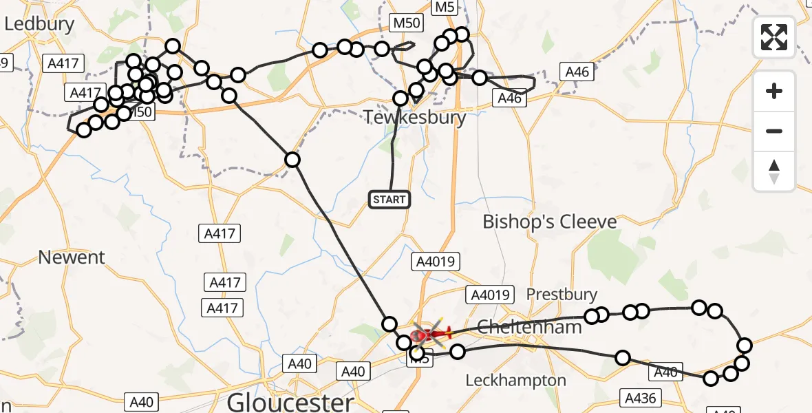 Flight route Air Ambulance Helicopter Tewkesbury - Tewkesbury, 17 June 2026, 11:51