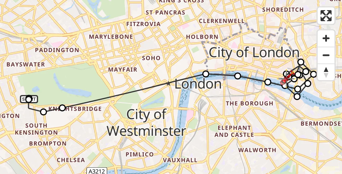 Flight route Air Ambulance Helicopter South Kensington - Wapping, 17 June 2026, 12:02