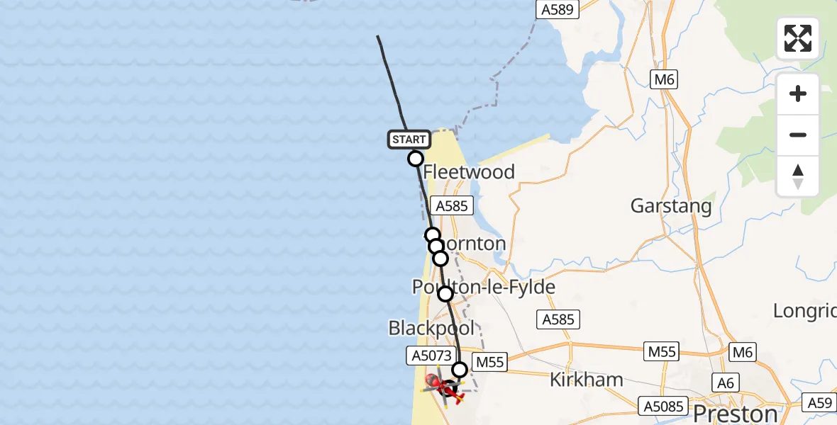 Flight route Air Ambulance Helicopter Fleetwood - Blackpool Airport, 17 June 2026, 12:04