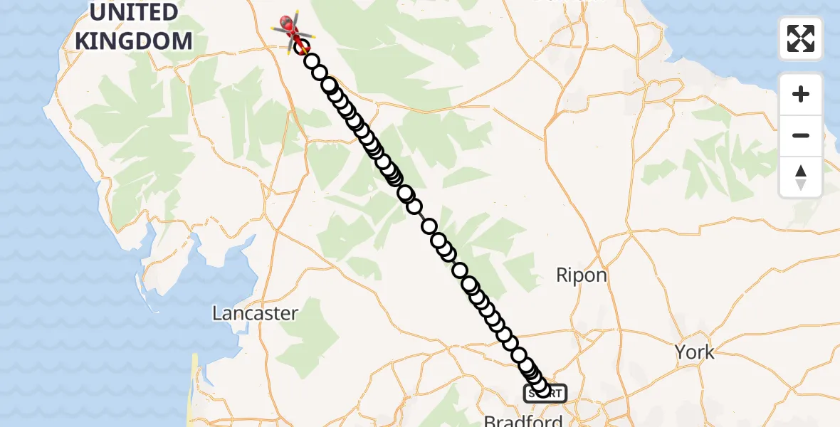 Flight route Air Ambulance Helicopter Leeds Bradford Airport - Langwathby, 17 June 2026, 12:27