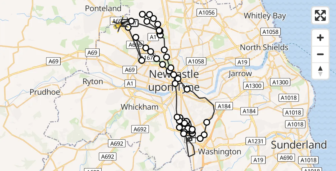 Flight route Police Helicopter Newcastle International Airport - Woolsington, 17 June 2026, 12:31