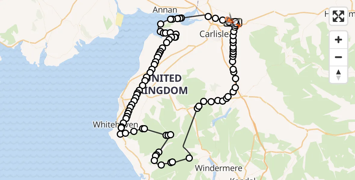 Flight route Coastguard Helicopter Carlisle Lake District Airport - Carlisle Lake District Airport, 17 June 2026, 12:31