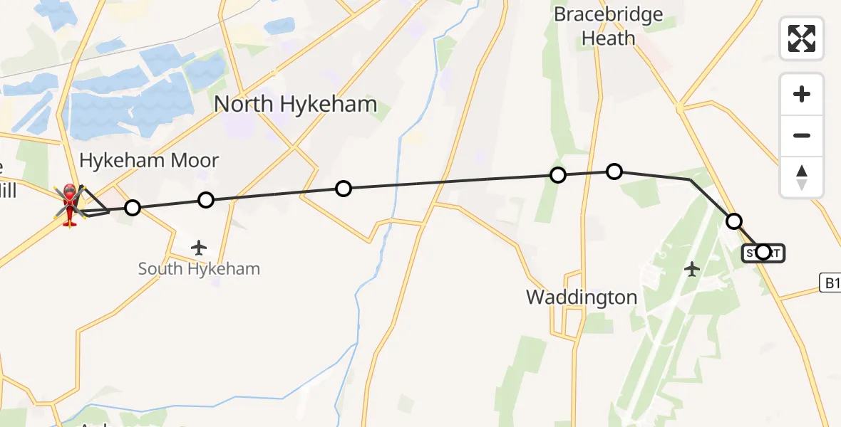 Flight route Air Ambulance Helicopter RAF Waddington - Hykeham Moor, 17 June 2026, 12:32