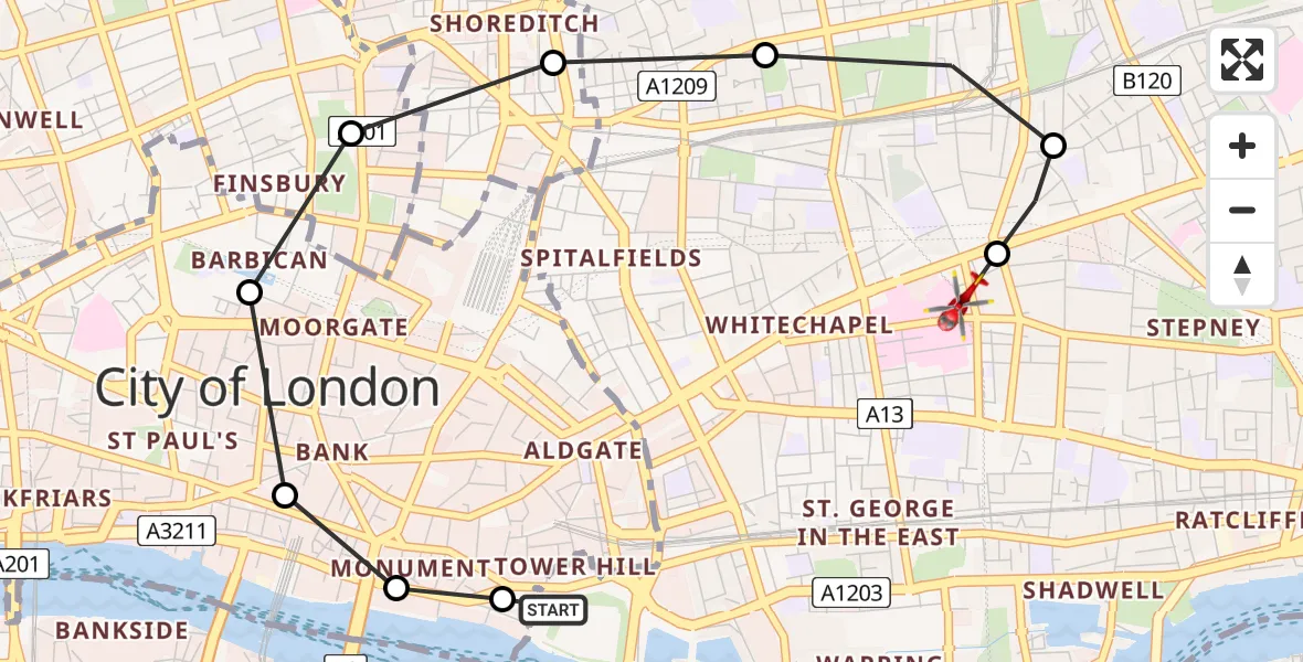 Flight route Air Ambulance Helicopter Whitechapel - Royal London Hospital, 17 June 2026, 12:56