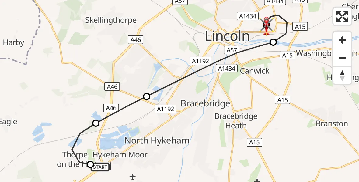 Flight route Air Ambulance Helicopter Hykeham Moor - Bracebridge, 17 June 2026, 13:16