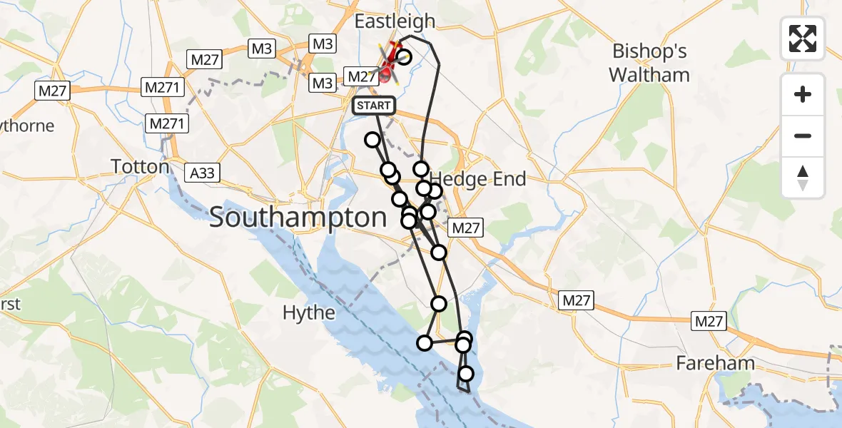 Flight route Air Ambulance Helicopter Southampton Airport - Southampton Airport, 17 June 2026, 13:22