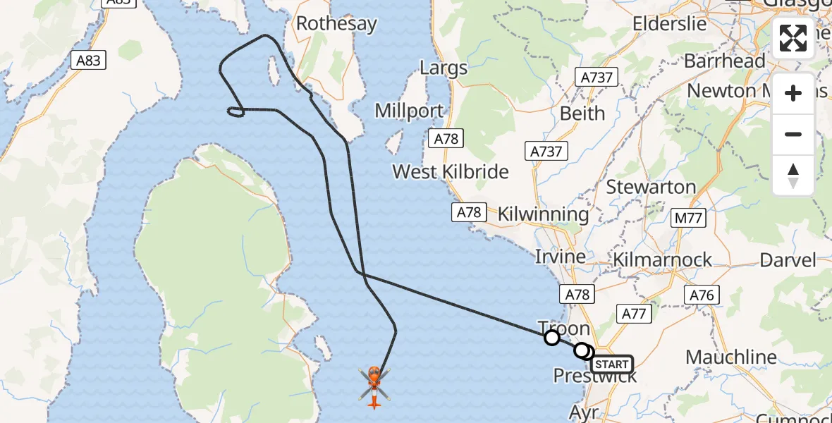 Flight route Coastguard Helicopter Glasgow Prestwick Airport - Inner Seas, 17 June 2026, 13:26