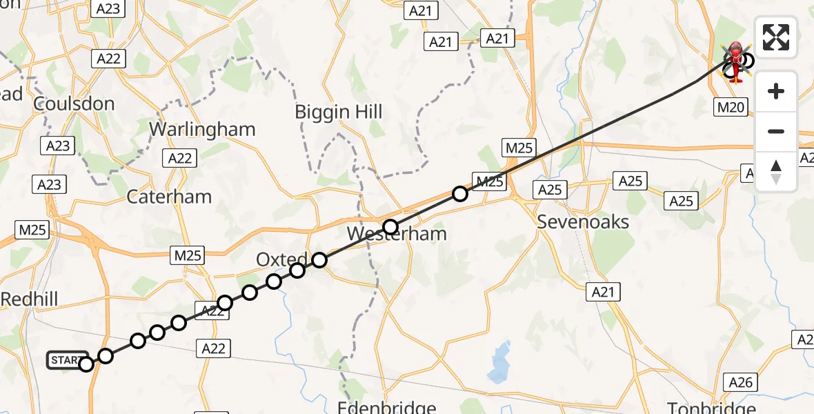 Flight route Air Ambulance Helicopter Redhill Aerodrome - Stansted, 17 June 2026, 13:33