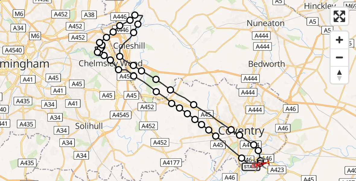 Flight route Air Ambulance Helicopter Coventry Airport - Coventry Airport, 17 June 2026, 13:33