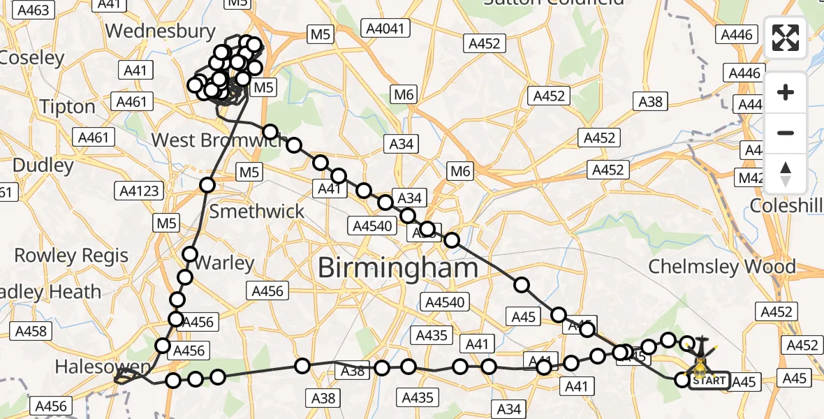 Flight route Police Helicopter Birmingham Airport - Birmingham Airport, 17 June 2026, 13:34