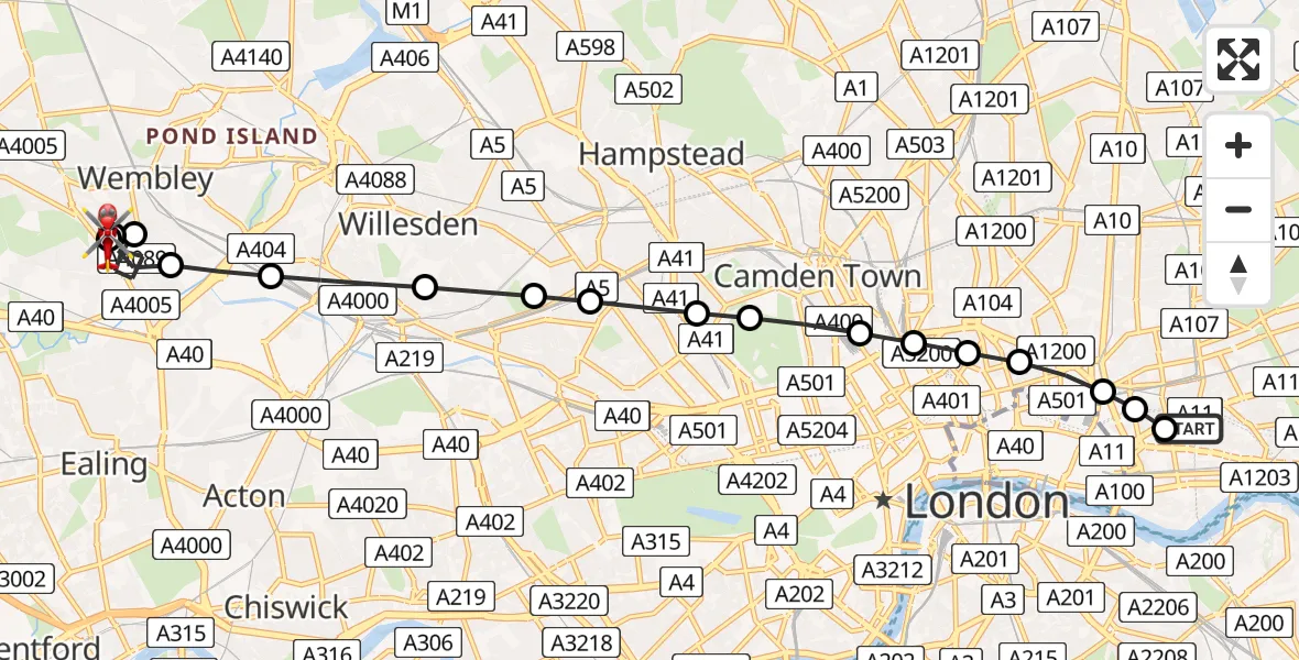 Flight route Air Ambulance Helicopter Royal London Hospital - Perivale, 17 June 2026, 13:59