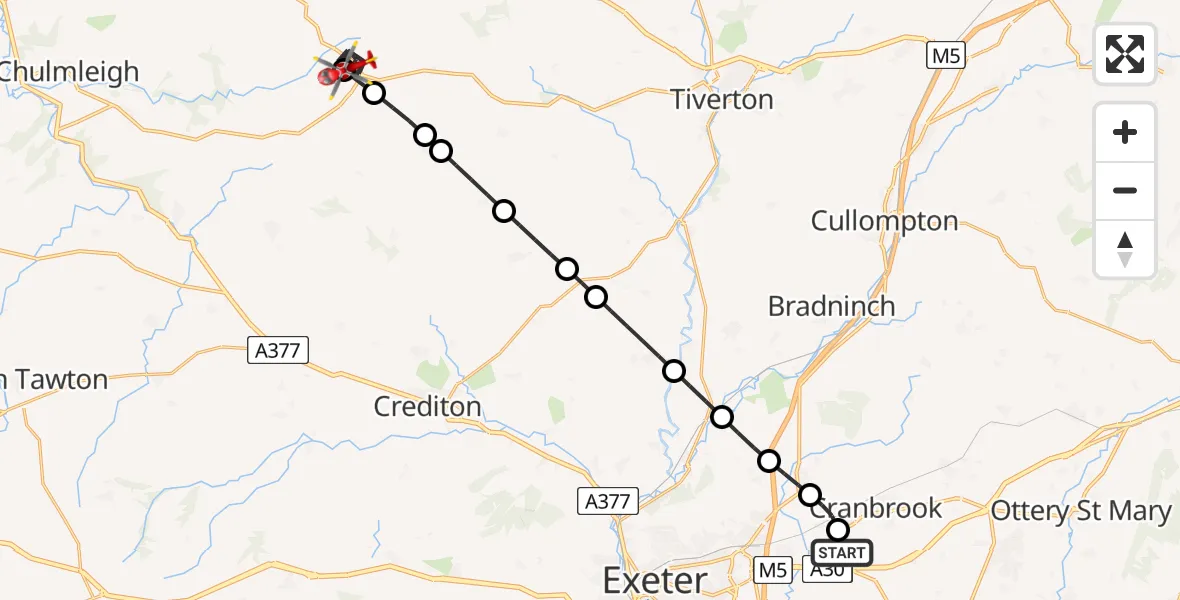 Flight route Air Ambulance Helicopter Exeter International Airport - Witheridge, 17 June 2026, 14:00