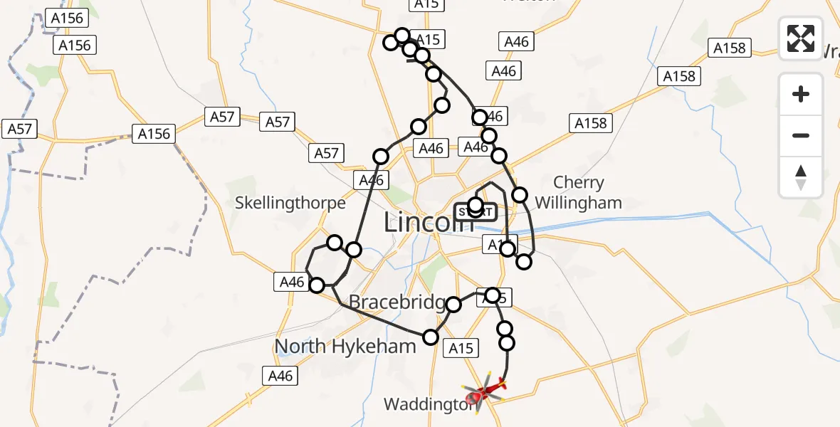 Flight route Air Ambulance Helicopter Lincoln County Trauma Unit - North Kesteven, 17 June 2026, 14:11
