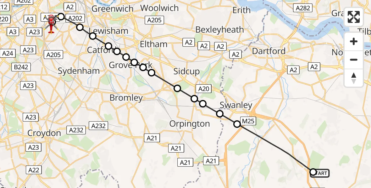 Flight route Air Ambulance Helicopter Stansted - Kings College London Hospital, 17 June 2026, 14:13