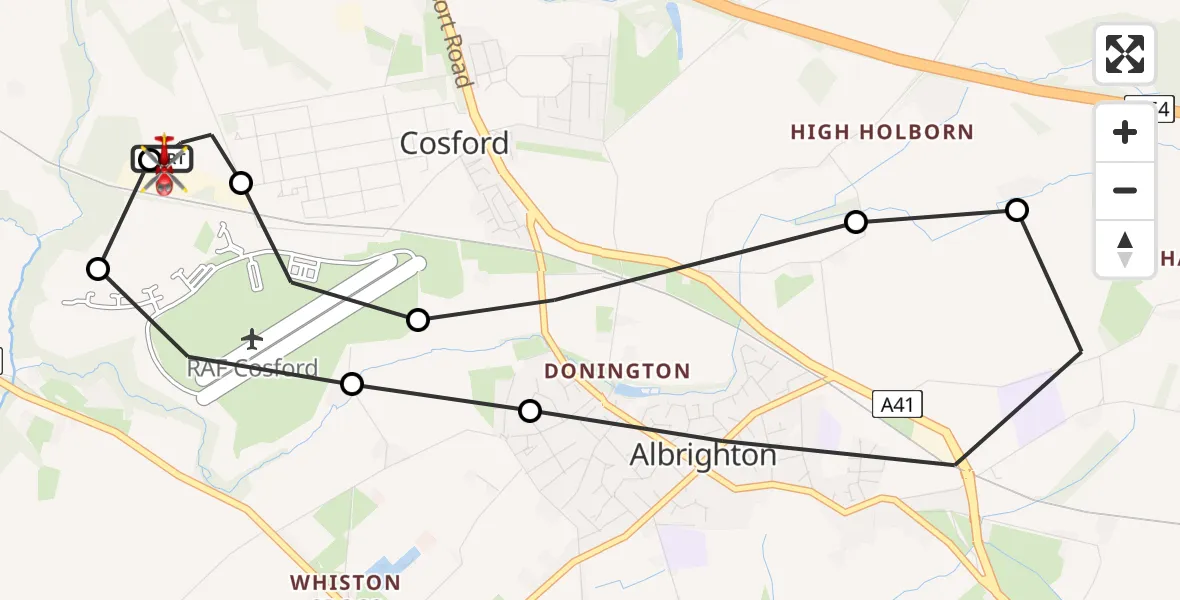 Flight route Air Ambulance Helicopter RAF Cosford - Cosford, 17 June 2026, 14:19