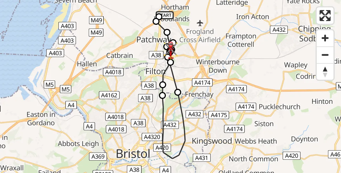 Flight route Air Ambulance Helicopter Almondsbury Helicopter Base - Bristol, 17 June 2026, 14:28