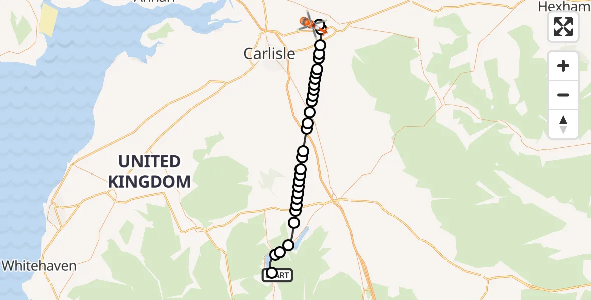 Flight route Coastguard Helicopter Patterdale - Carlisle Lake District Airport, 17 June 2026, 14:38