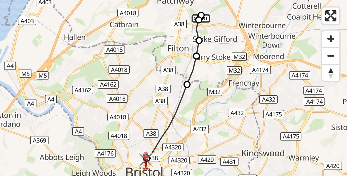 Flight route Air Ambulance Helicopter Bristol - Bristol Royal Infirmary, 17 June 2026, 14:40