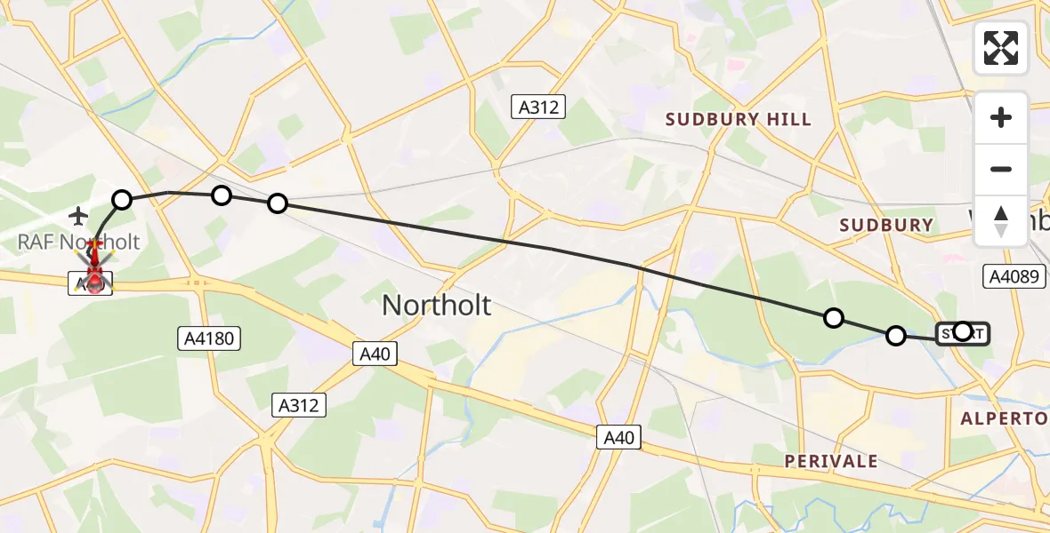 Flight route Air Ambulance Helicopter Alperton - RAF Northolt, 17 June 2026, 14:40