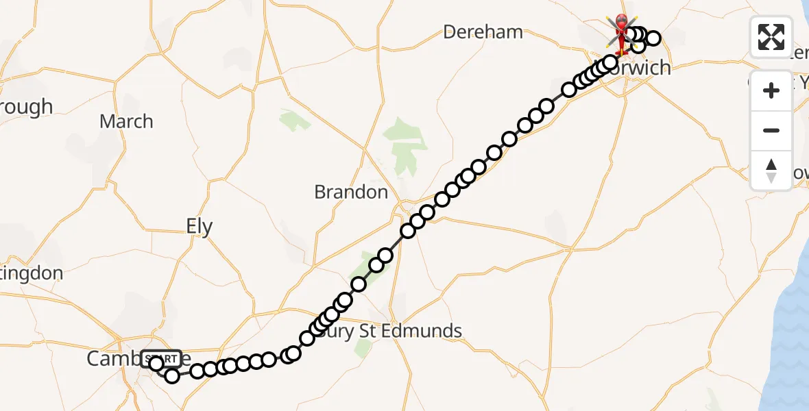 Flight route Air Ambulance Helicopter Cambridge City Airport - Norwich Airport, 17 June 2026, 14:41