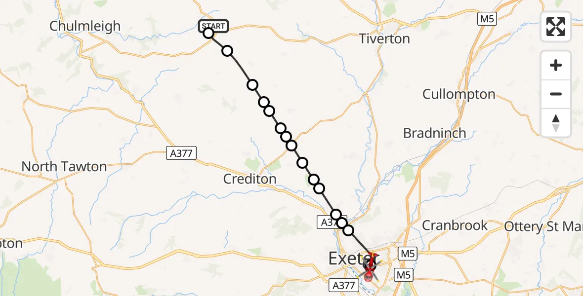 Flight route Air Ambulance Helicopter Witheridge - Royal Devon & Exeter Hospital, 17 June 2026, 14:55