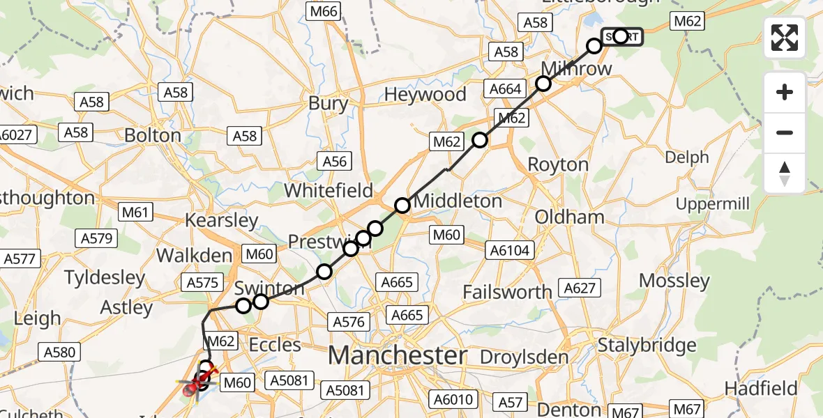 Flight route Air Ambulance Helicopter Littleborough - Manchester Barton Aerodrome, 17 June 2026, 14:56
